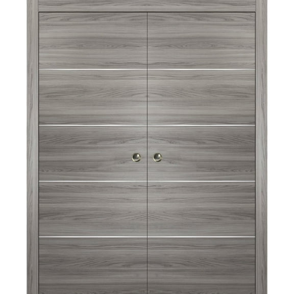 Modern Double Pocket Doors | Planum 0020 Ginger Ash | Kit Trims Rail Hardware | Solid Wood Interior Bedroom Sliding Closet Sturdy Door-36" x 84" (2* 18x84)
