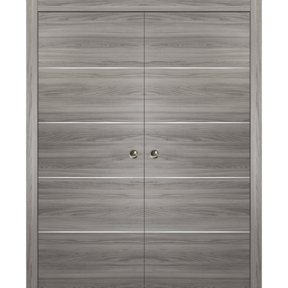 Modern Double Pocket Doors | Planum 0020 Ginger Ash | Kit Trims Rail Hardware | Solid Wood Interior Bedroom Sliding Closet Sturdy Door-48" x 84" (2* 24x84)