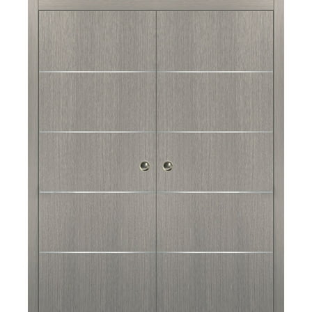 Modern Double Pocket Doors | Planum 0020 Grey Oak | Kit Trims Rail Hardware | Solid Wood Interior Bedroom Sliding Closet Sturdy Door-36" x 84" (2* 18x84)