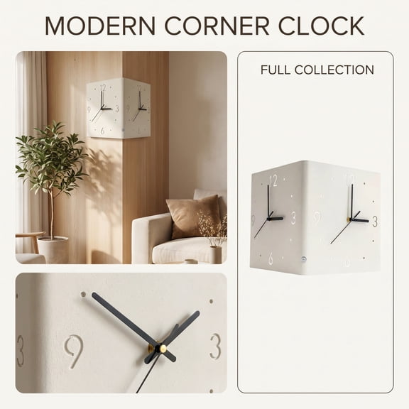 Modern Double-Sided Corner Wall Clock L-Shaped Silent Non-Ticking Plastic Timepiece No Drilling Required for Living Room Hallway Entryway Minimalist Indoor Decor