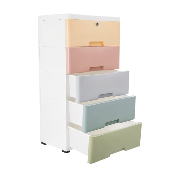 Modern Dresser with 5 Drawers and Wheels,Stackable Plastic Dresser for Bedroom,Small Chest of Drawers Organizer Unit with Lock for Closet Hallway Entryway