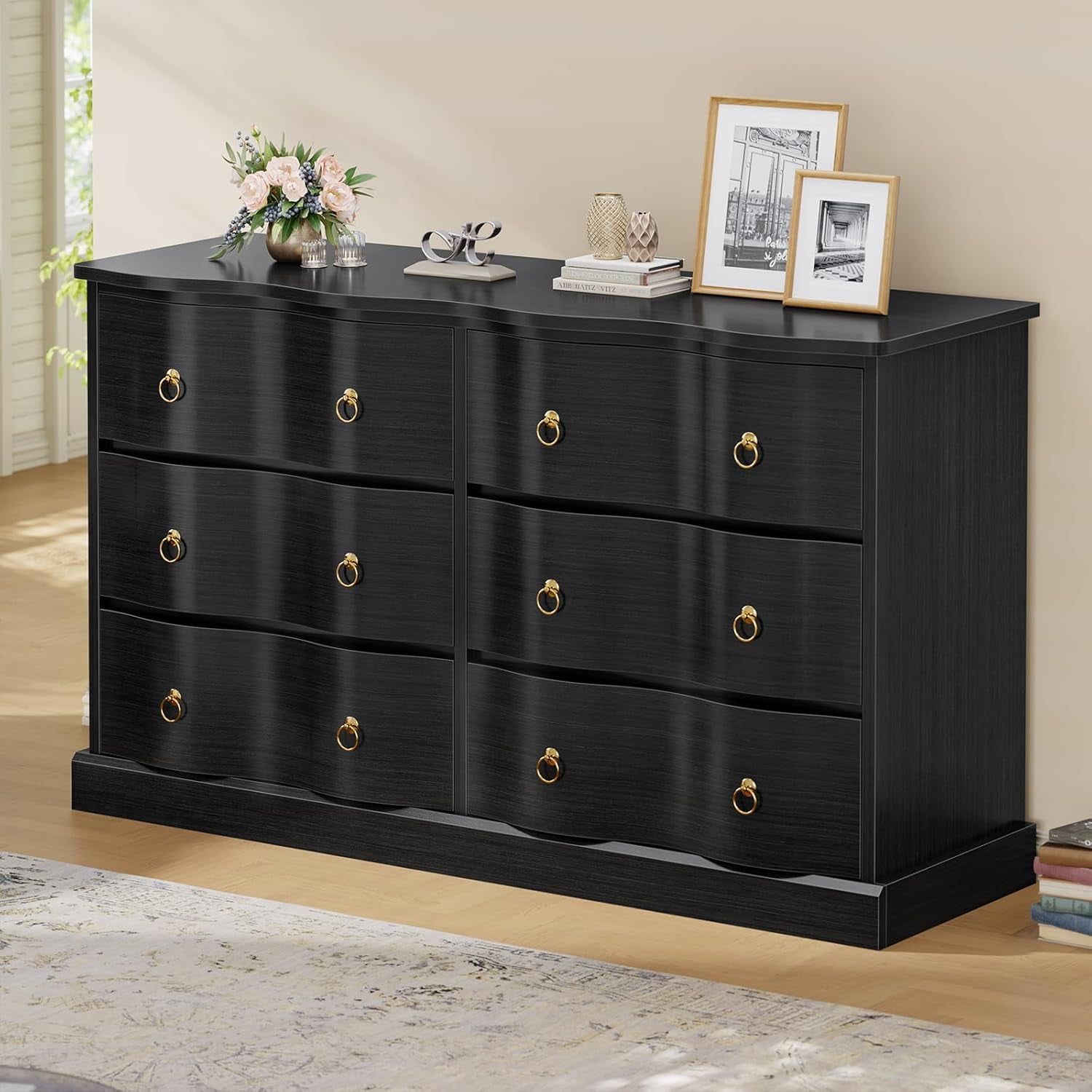 Modern 6 Drawers Dresser for Bedroom, Drawers w/Curved Profile Design, Drawers Smooth Slides, Drawers with Golden Handles for Bedroom, Living Room (Black Gray, 6 resser)