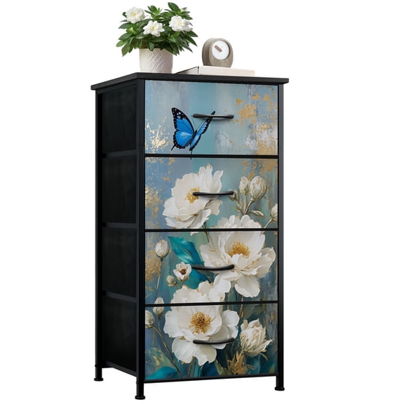 Modern Dresser for Bedroom with 4 Storage Drawers Flowers Canvas Teal Textured Magnolia Turquoise White Flowers Dressers Chest of Drawers Steel Framed Fabric Closet Organizers for Entryway