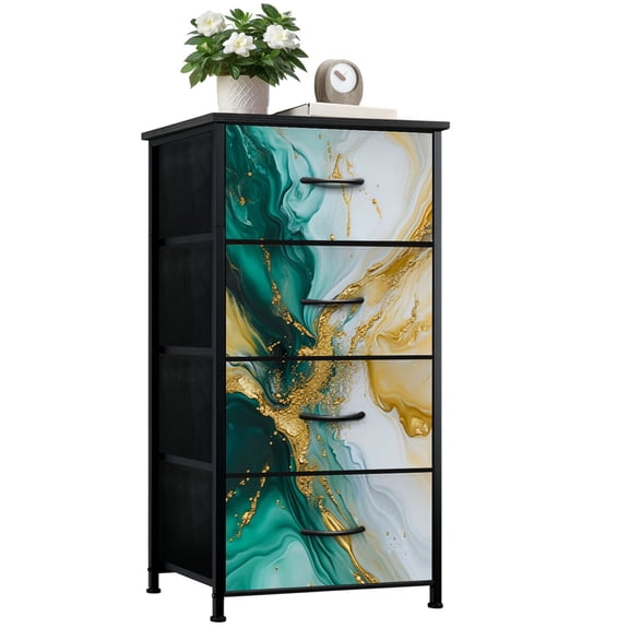 Modern Dresser for Bedroom with 4 Storage Drawers Teal Abstract Turquoise Marble Gold Texture Neutral Turquoise Dressers Chest of Drawers Steel Framed Fabric Closet Organizers for Entryway