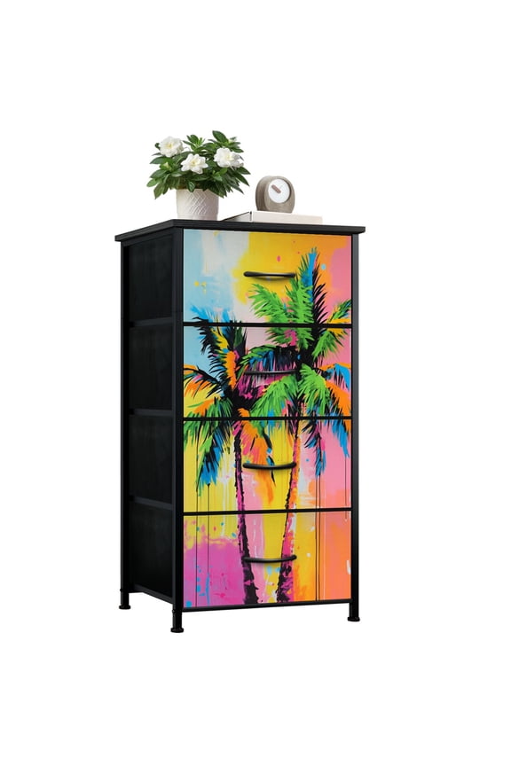 Modern Dresser for Bedroom with 4 Storage Drawers Tropical Palm Tree Graffiti Painting Colorful Summer Palm Trees Dressers Chest of Drawers Steel Framed Fabric Closet Organizers for Entryway