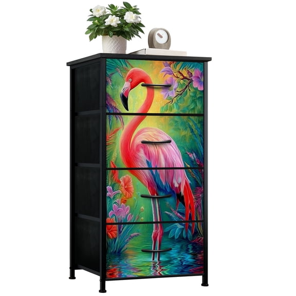 Modern Dresser for Bedroom with 4 Storage Drawers Vibrant Flamingo Colorful Tropical Landscape Flora Dressers Chest of Drawers Steel Framed Fabric Closet Organizers for Entryway
