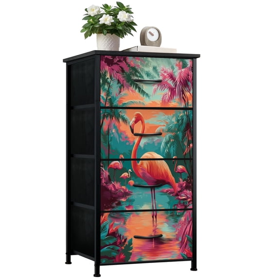 Modern Dresser for Bedroom with 4 Storage Drawers Vibrant Flamingo Tropical Jungle Sunset Reflection Dressers Chest of Drawers Steel Framed Fabric Closet Organizers for Entryway