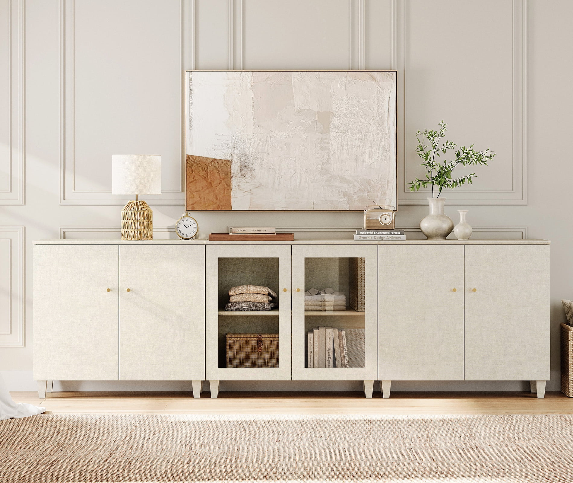 Modern Dresser Cabinet with Glass and Wood Doors, Bedroom Modular Organizer – 1 Adjustable Shelf & 2 Fixed Shelves, Anti‑Tip, Beige, 106" W