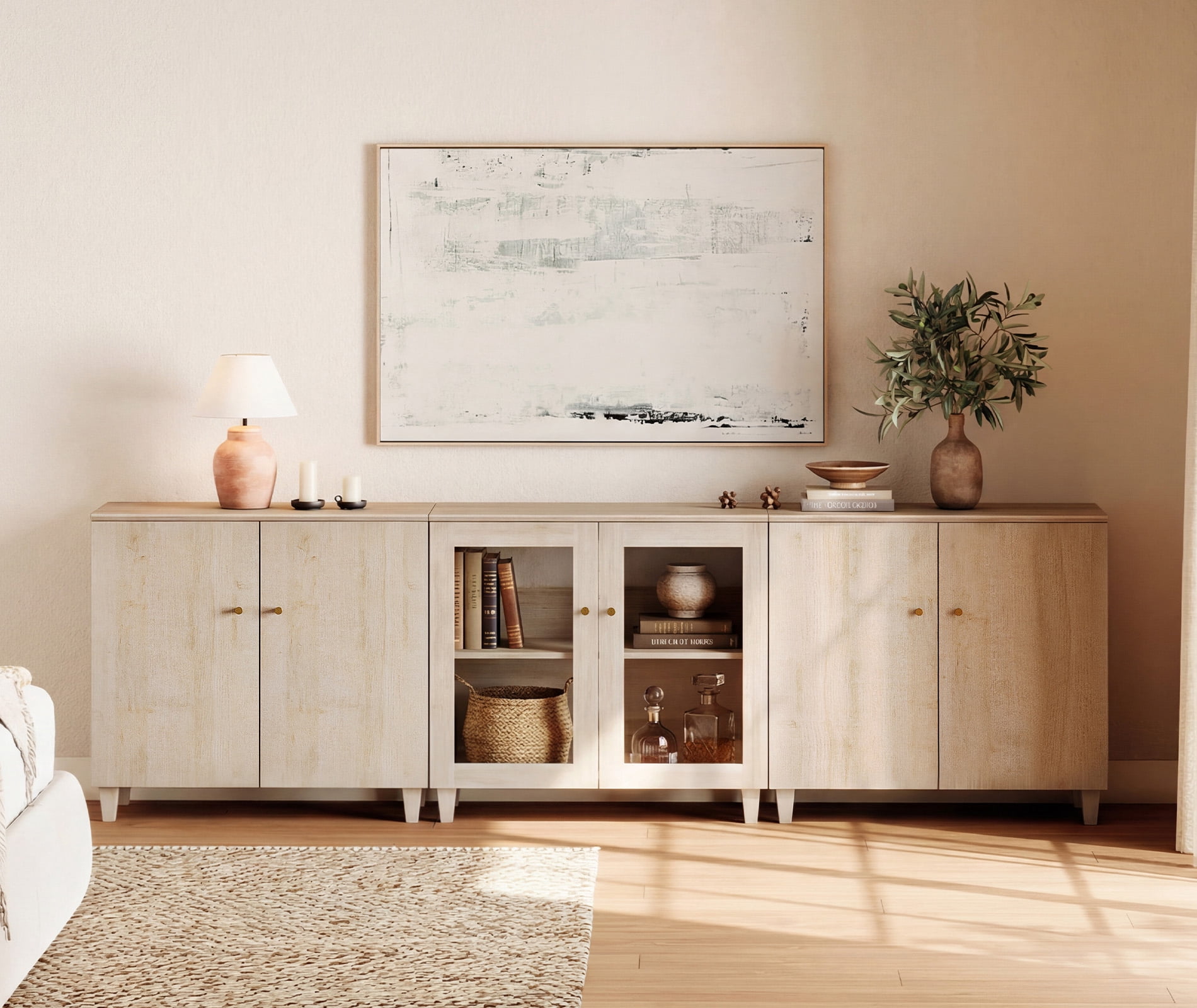Modern Dresser Cabinet with Glass and Wood Doors, Bedroom Modular Organizer – 1 Adjustable Shelf & 2 Fixed Shelves, Anti‑Tip, Light Oak, 106" W