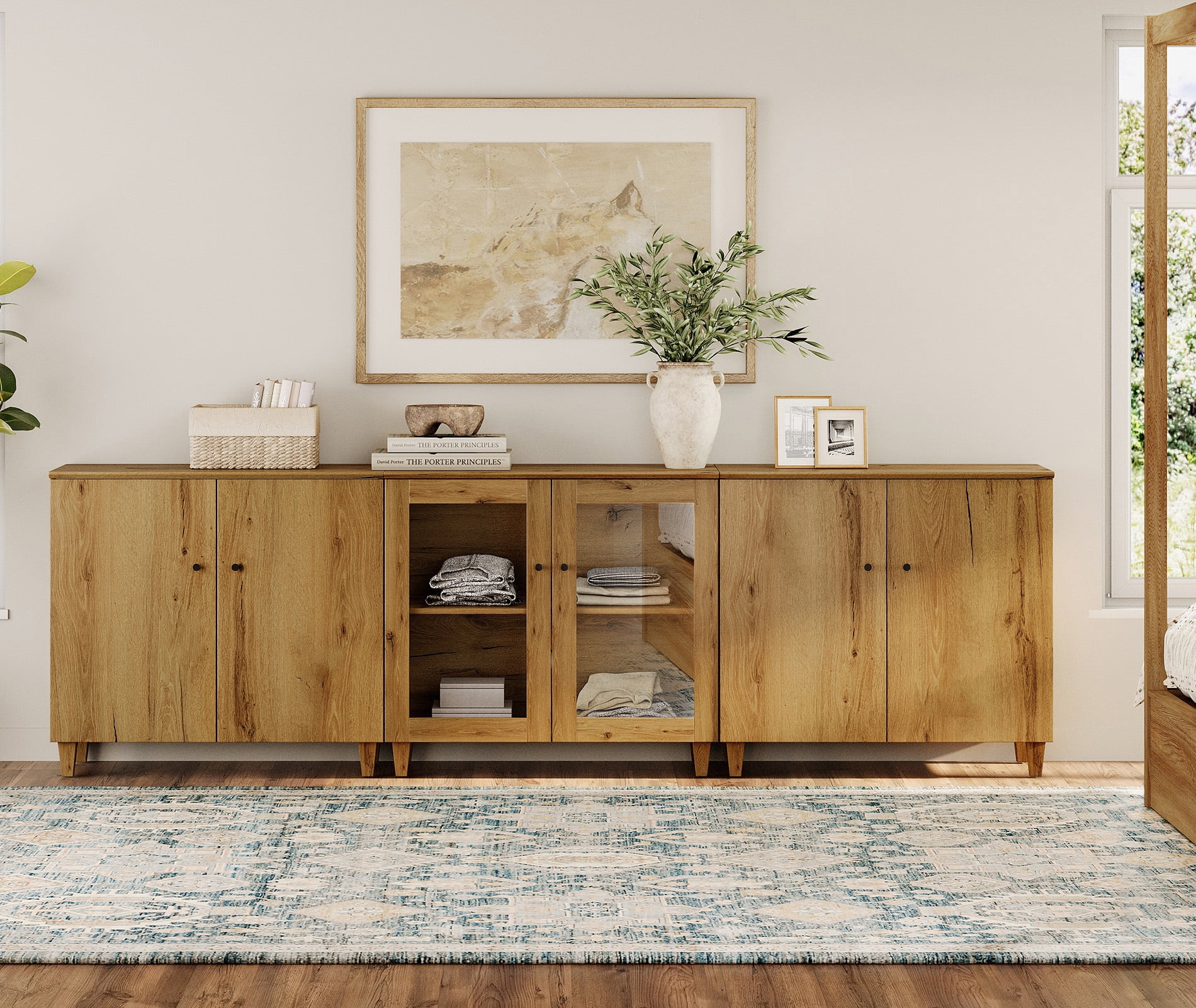Modern Dresser Cabinet with Glass and Wood Doors, Bedroom Modular Organizer – 1 Adjustable Shelf & 2 Fixed Shelves, Anti‑Tip, Oak Brown, 106" W