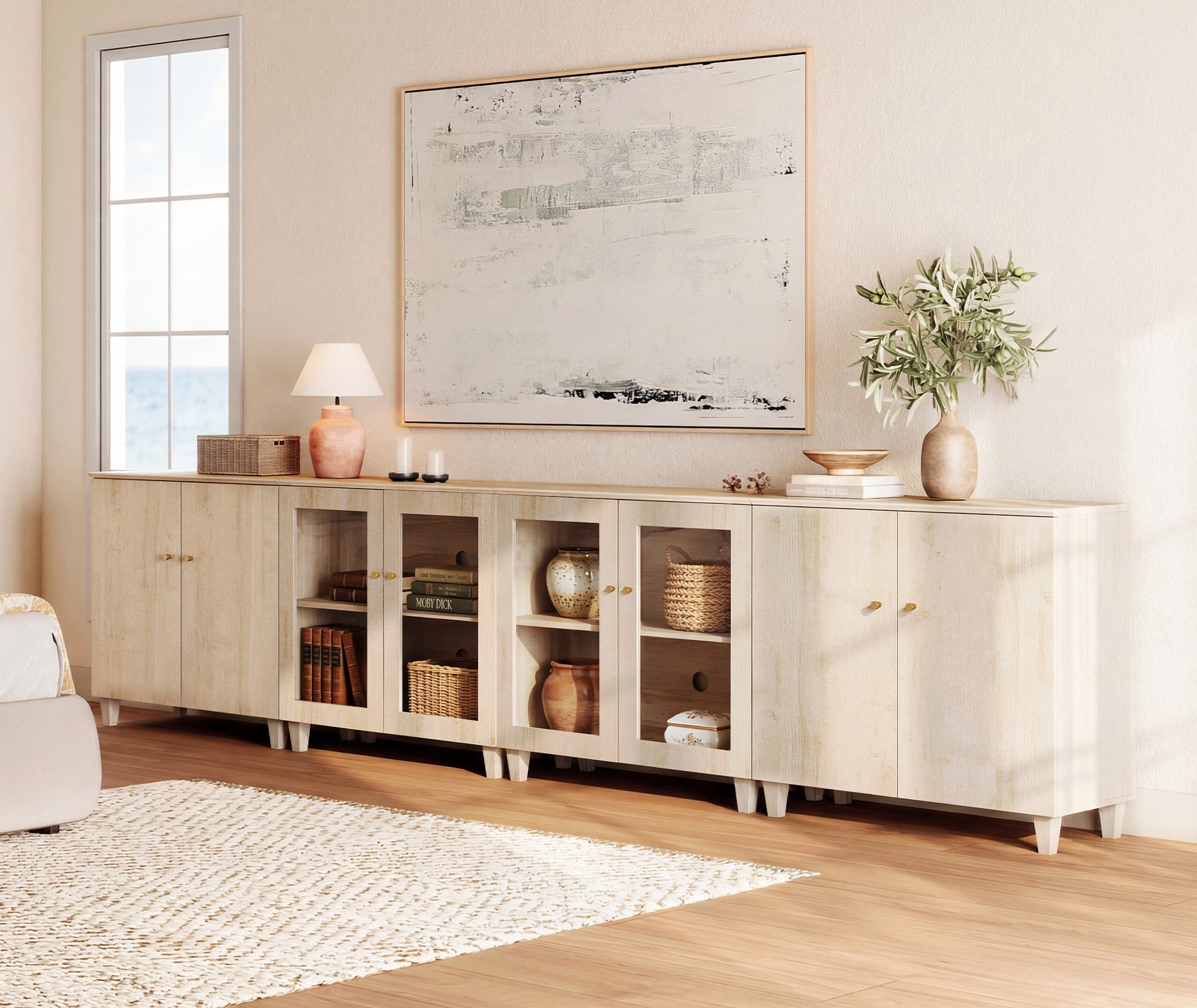 Modern Dresser Cabinet with Glass and Wood Doors, Bedroom Modular Organizer – 2 Adjustable Shelves, Anti‑Tip, Light Oak, 142" W