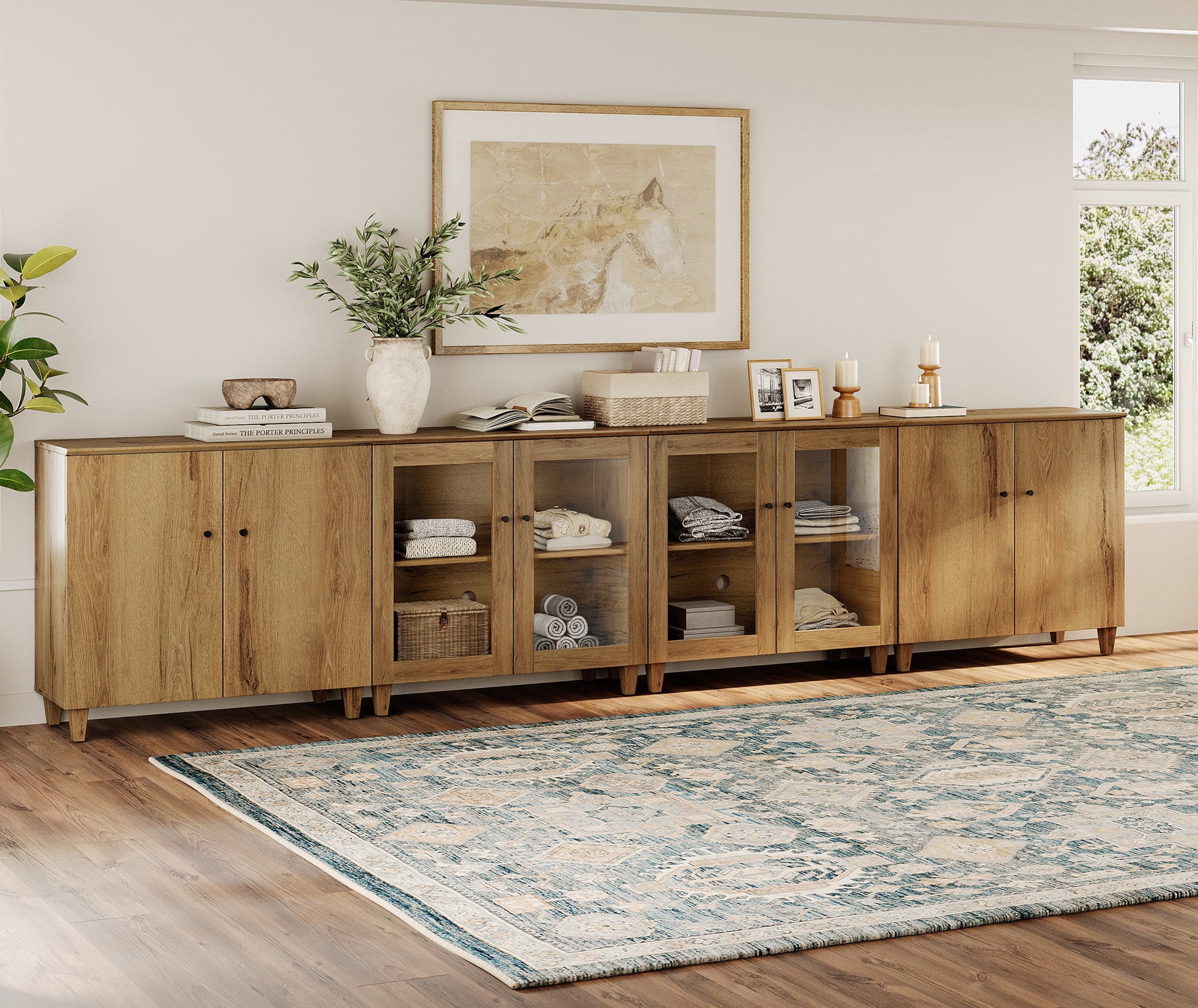 Modern Dresser Cabinet with Glass and Wood Doors, Bedroom Modular Organizer – 2 Adjustable Shelves, Anti‑Tip, Oak Brown, 142" W