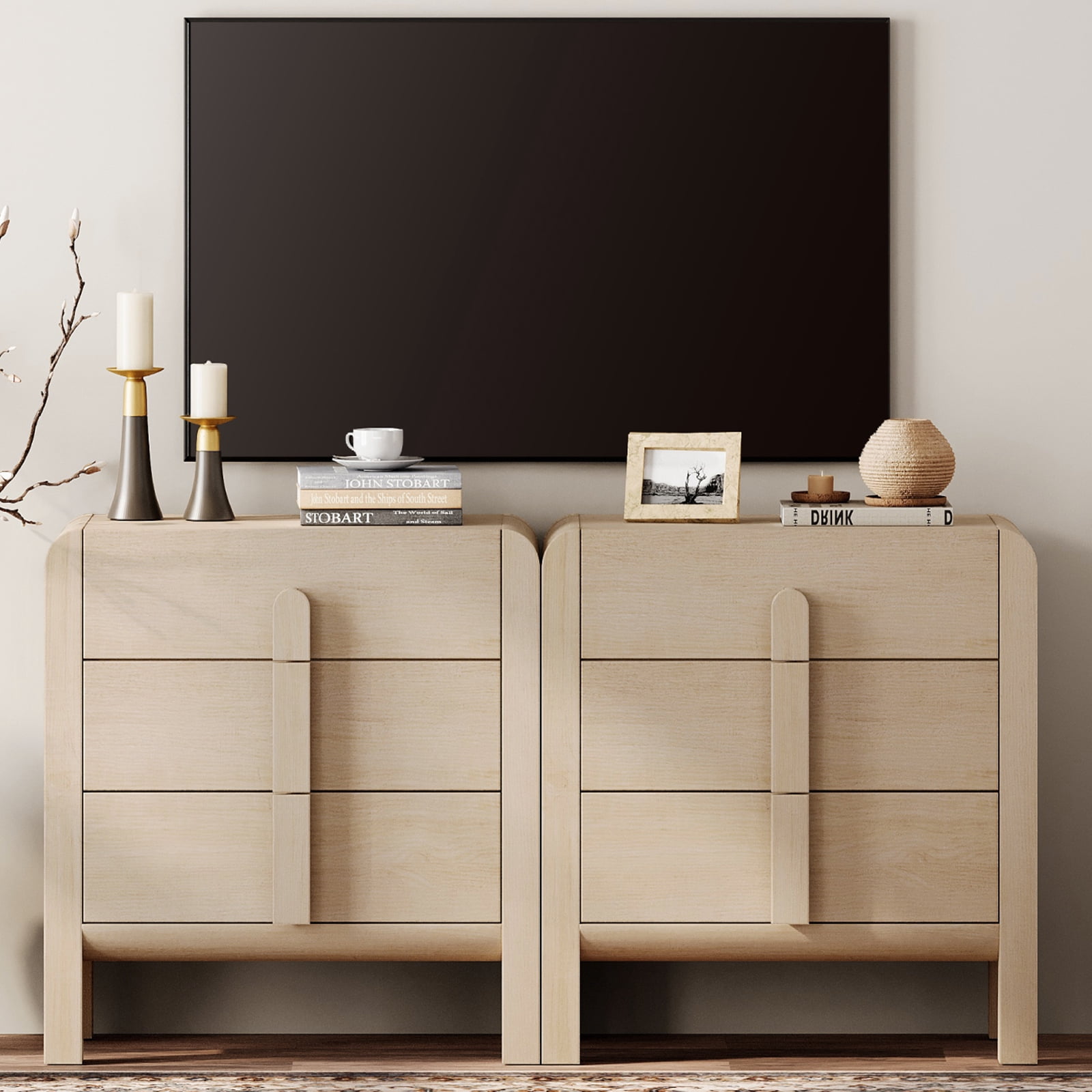 Modern Dresser TV Stand for TVs up to 75 Inch, Cruved Entertainment Center, Wood TV Console with Storage for Living Room