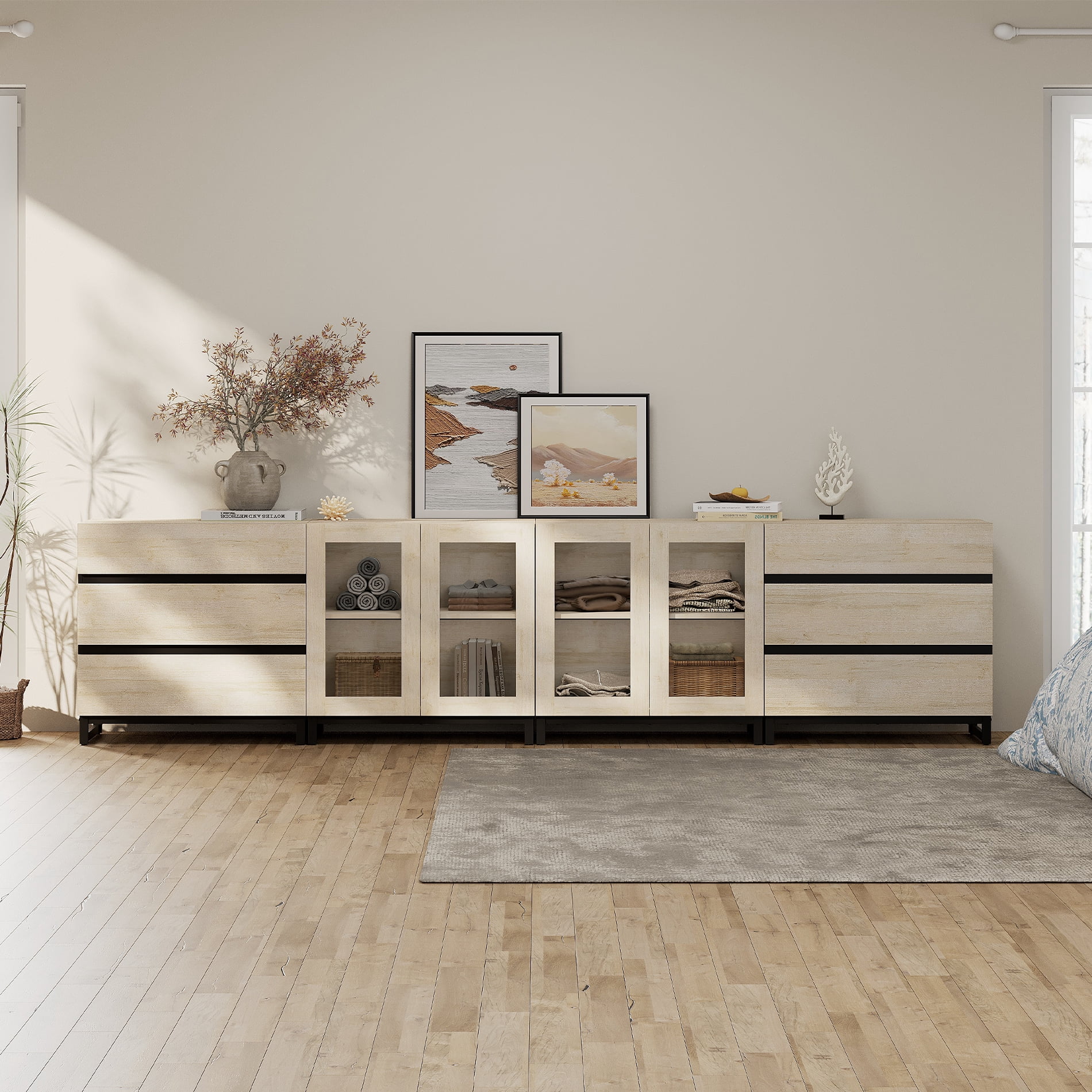 Modern Dresser with Tempered Glass Doors, 6 Drawers Storage Chest with Adjustable Shelves, 4 In 1 Household Closet Organizer for Bedroom Living Room,Beige