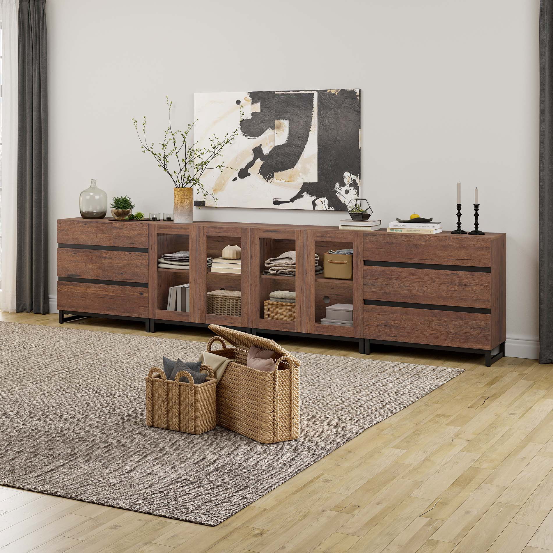 Modern Dresser with Tempered Glass Doors, 6 Drawers Storage Chest with Adjustable Shelves, 4 In 1 Household Closet Organizer for Bedroom Living Room,Brown