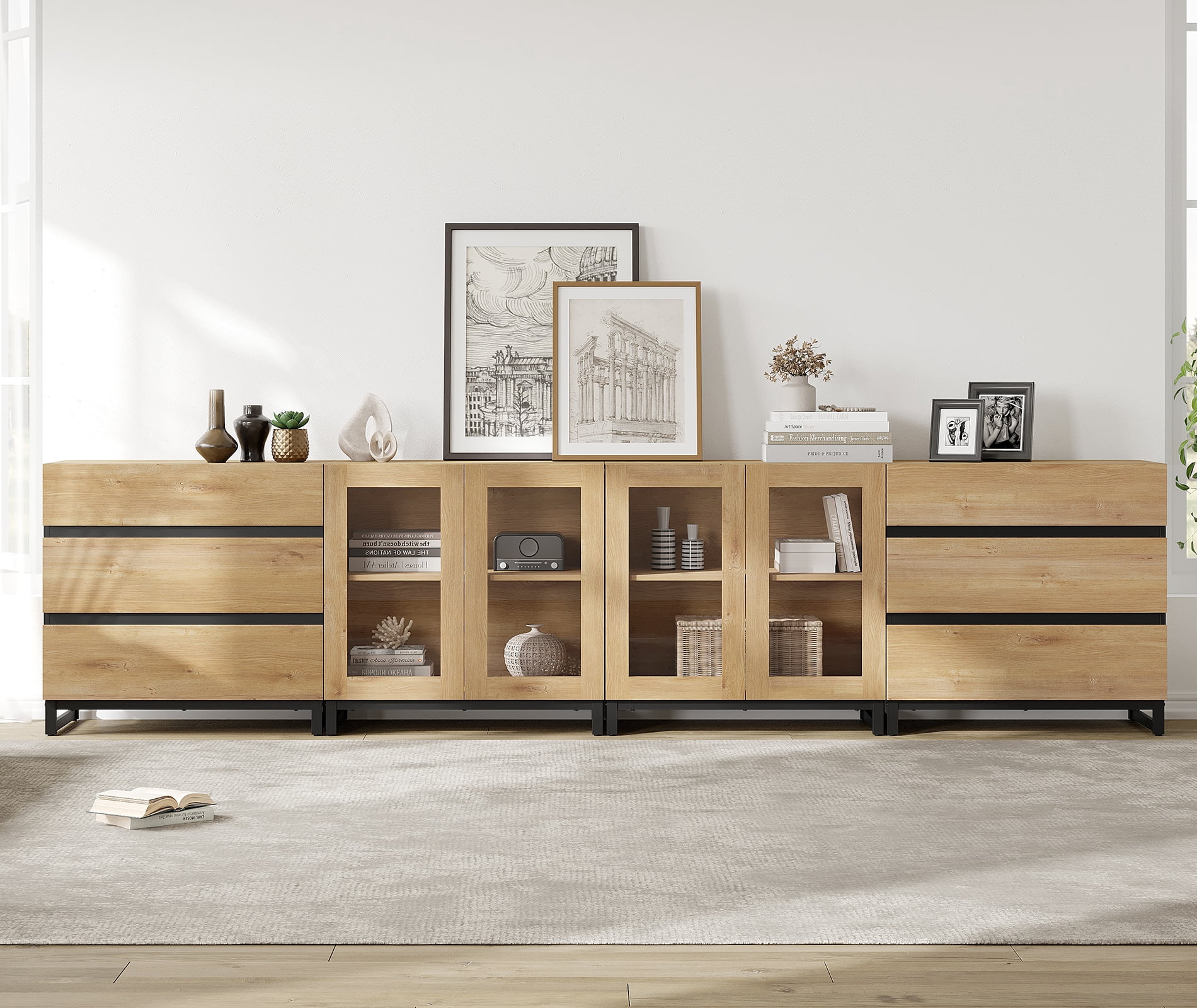 Modern Dresser with Tempered Glass Doors, 6 Drawers Storage Chest with Adjustable Shelves, 4 In 1 Household Closet Organizer for Bedroom Living Room,Oak