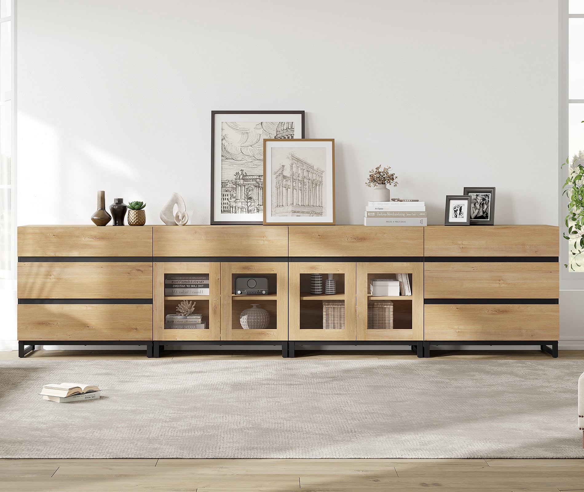 Modern Dresser with Tempered Glass Doors, 8 Drawers Storage Chest with Adjustable Shelves, 4 In 1 Household Closet Organizer for Bedroom Living Room,Oak