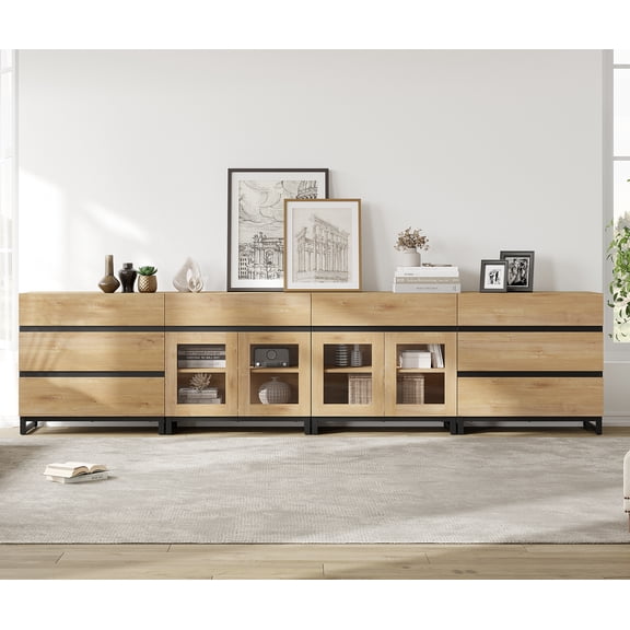 Modern Dresser with Tempered Glass Doors, 8 Drawers Storage Chest with Adjustable Shelves, 4 In 1 Household Closet Organizer for Bedroom Living Room,Oak