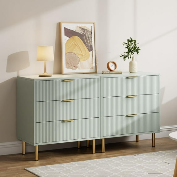 Modern Dresser for Bedroom with Gold Handle and Large Drawer, Wood Double Chest of 3 Drawers and Storage Organizer for Living Room