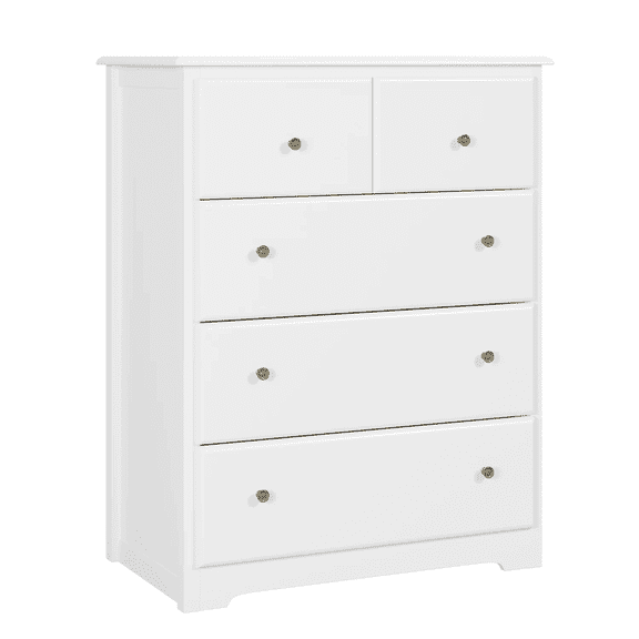 Homfa Modern Dresser of 5 Drawers, Dresser Chest with Easy Pull Handle for Bedroom, Living Room, White Finish