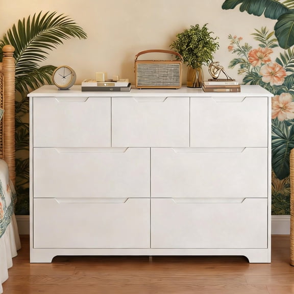 White Dresser with 7 Deep Drawers, Large Wood Storage Chest with Cutout Handles & Smooth Gliding Drawers for Bedroom, Living Room