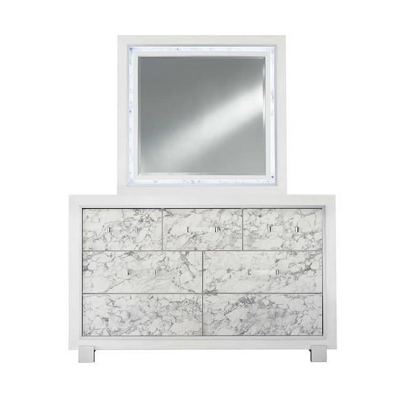 Modern Dresser with 7 Faux Marble Detailed Front Drawer, White