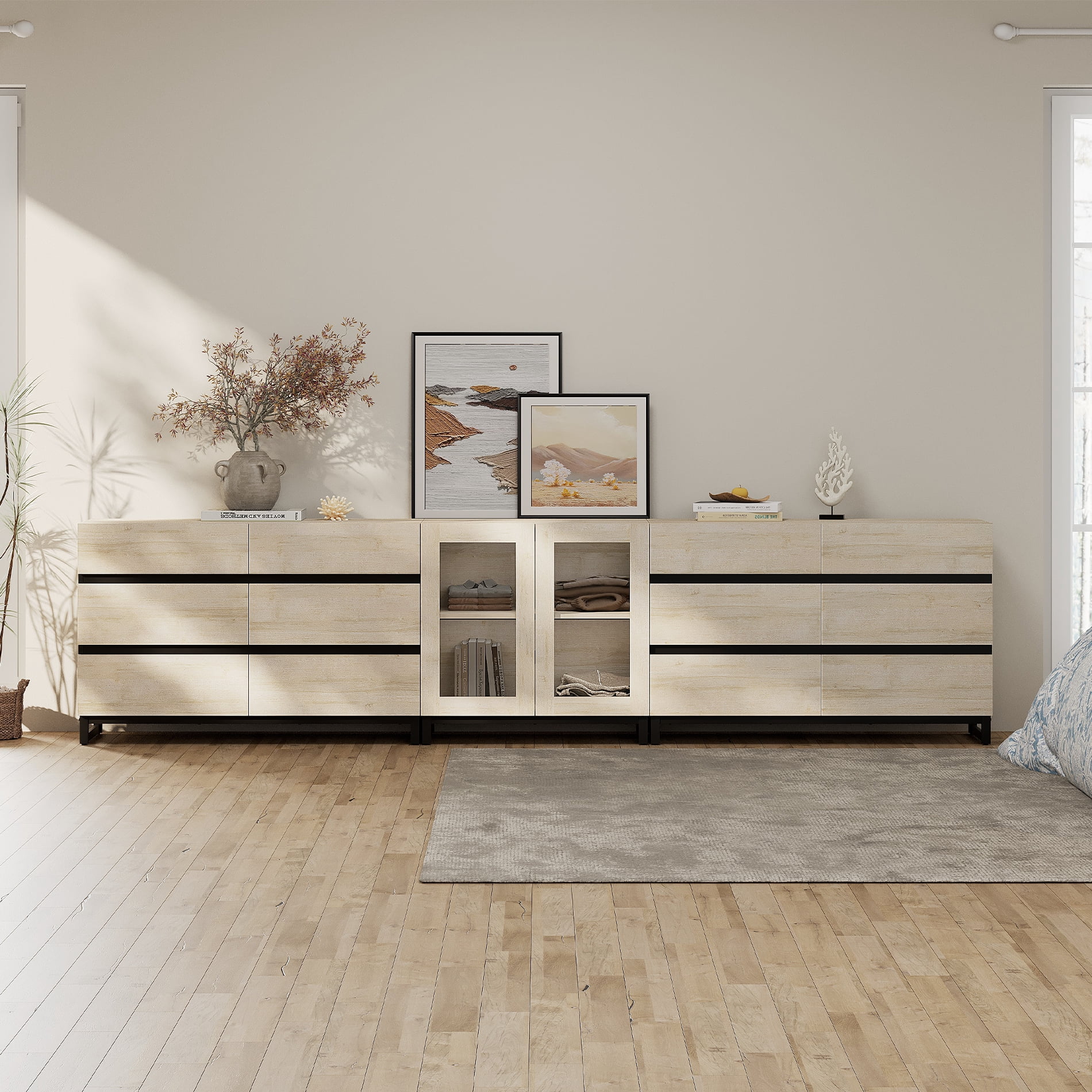 Modern Dresser with Tempered Glass Doors, 12 Drawers Storage Chest with Adjustable Shelves, 3 In 1 Household Closet Organizer for Bedroom,Beige