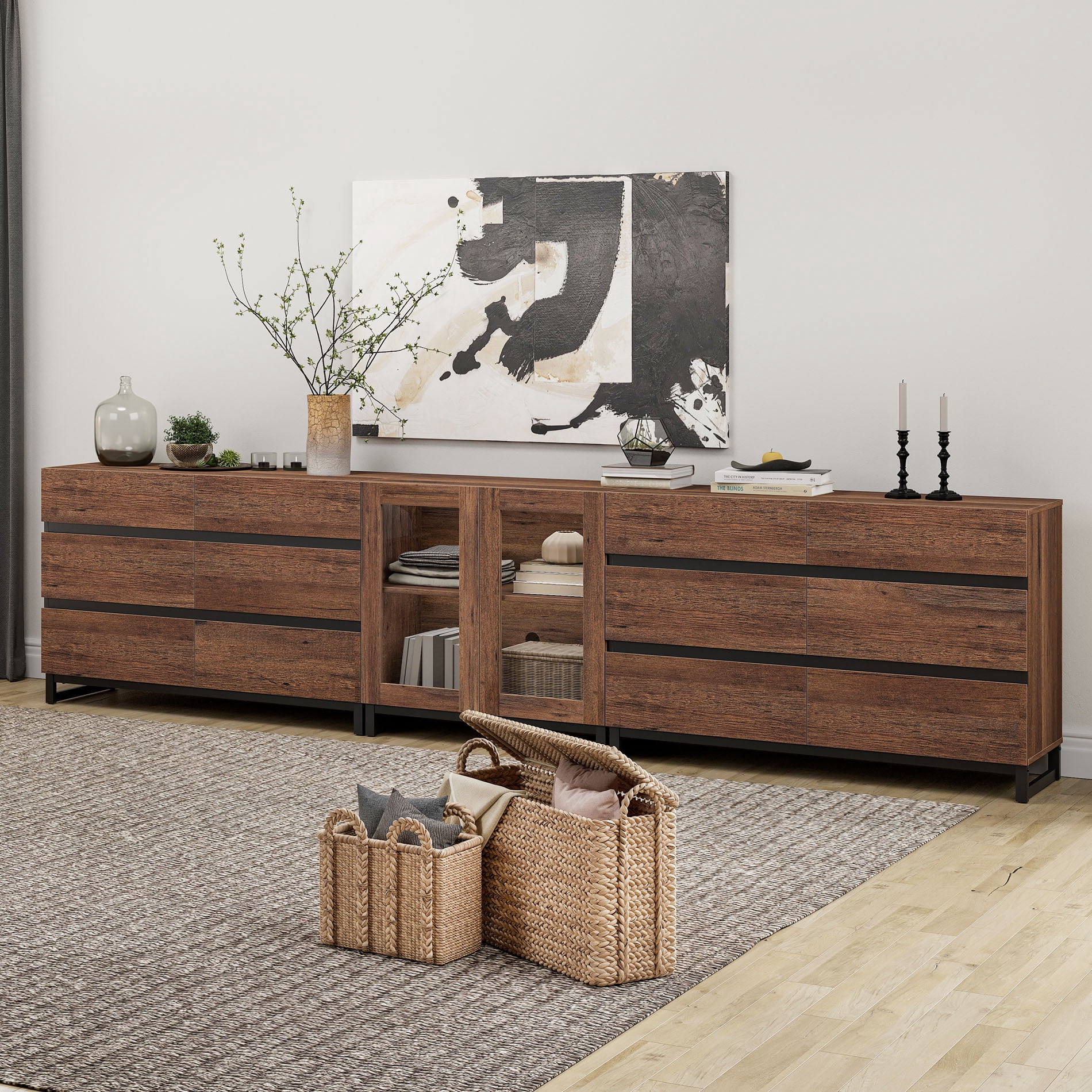 Modern Dresser with Tempered Glass Doors, 12 Drawers Storage Chest with Adjustable Shelves, 3 In 1 Household Closet Organizer for Bedroom,Brown