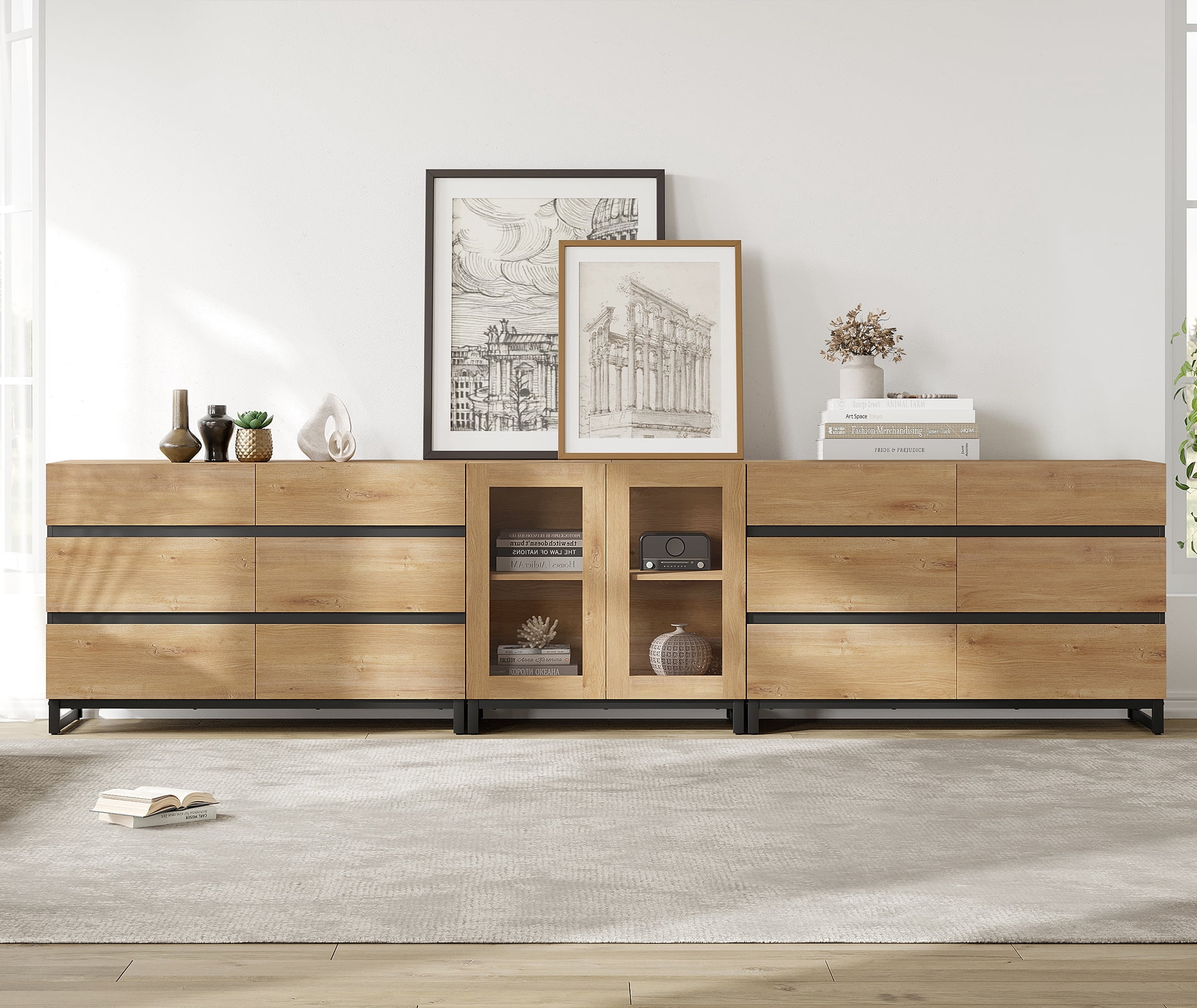 Modern Dresser with Tempered Glass Doors, 12 Drawers Storage Chest with Adjustable Shelves, 3 In 1 Household Closet Organizer for Bedroom,Oak