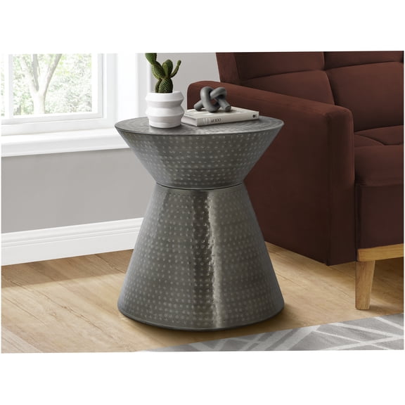 Modern Drum Accent Table, Silver Metal End Table for Living Room & Bedroom, Contemporary Nightstand with Hammered Finish
