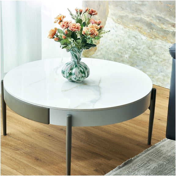 Modern Drum Coffee Table with Ceramic Top and Storage Drawers, Round White Wood Finish Table with Gray Metal Legs for Living Room, Apartment, Office