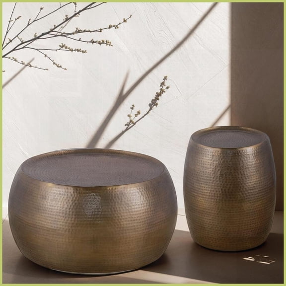 Modern Drum-Shaped Aluminum Coffee & End Table Set, Antique Gold  No Assembly, Versatile Living Room Decor