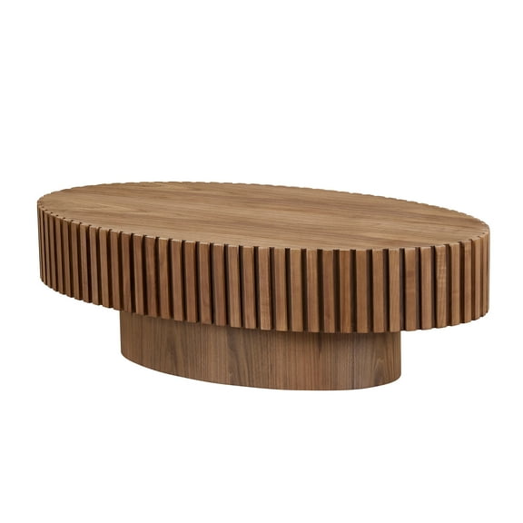 Modern Drum-Shaped Coffee Table - 43.7" Oval Walnut MDF Coffee Table with Sturdy Base, Compact Design for Living Room or Bedroom