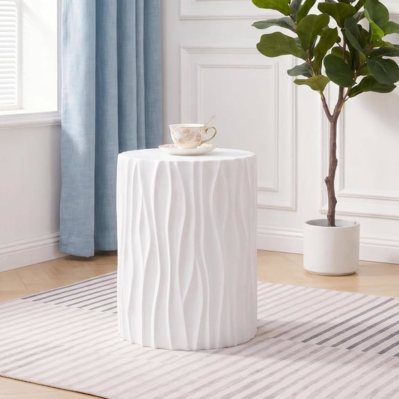 Modern Drum-Shaped Side Table, Round Wavy Fluted End Table, White Concrete-Look, Fully Assembled