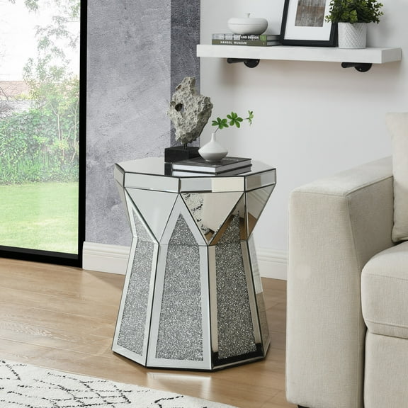 Modern Drum Style Coffee Table with HD Mirrored Glass Facets & Crystal Accents, 20-Inch Low-Profile Design, Polygonal Silver Trim for Contemporary Living Rooms