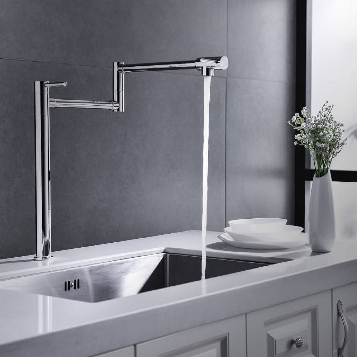 Modern Dual-Joint Pot Filler Faucet&nbsp;- 20" Brushed Nickel, Brass Construction, 360° Swivel, Deck Mount - 4 GPM Flow, Space-Saving Foldable Design