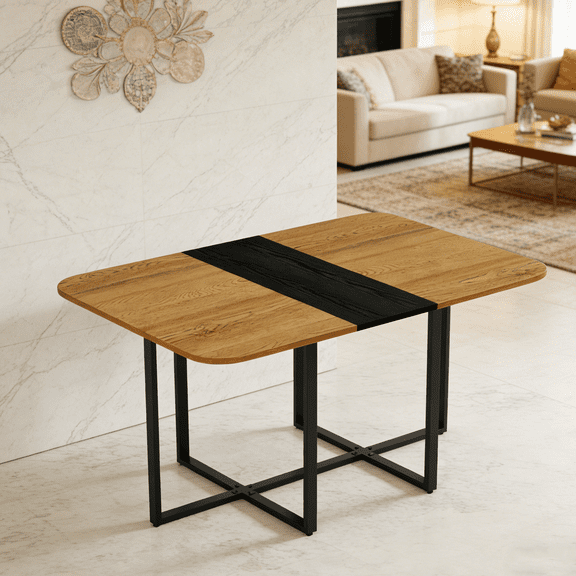 Modern Dual-Texture Dining Table with Marble & Wood-Pattern Lacquer-Free Paper, Sturdy Black Metal Frame, 4-6 Seater Multi-Use Table for Kitchen, Dining Nook, Home Office