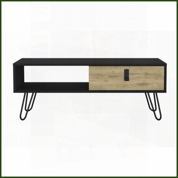 Modern Dual-Tone Living Room Coffee Table with Open Shelf & Drawer, Airy Metal Legs
