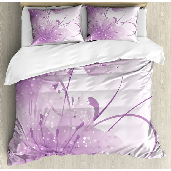 Modern Duvet Cover Set, Abstract Art Style Illustration of Swirling Ornaments and Irregular Dots, Decorative 3 Piece Bedding Set with 2 Pillow Shams, Queen Size, Pale Purple and White, by Ambesonne
