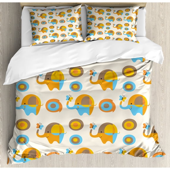 Modern Duvet Cover Set, Abstract with Butterfly and Oval Circles Pattern Print, Decorative 3 Piece Bedding Set with 2 Pillow Shams, King Size, Orange Taupe Blue, by Ambesonne