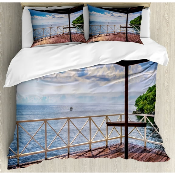 Modern Duvet Cover Set, Balcony Porch Sea Ocean View in Trinidad and Tobago Island Tropic Photo Image Art, Decorative 3 Piece Bedding Set with 2 Pillow Shams, Calking Size, Multicolor, by Ambesonne