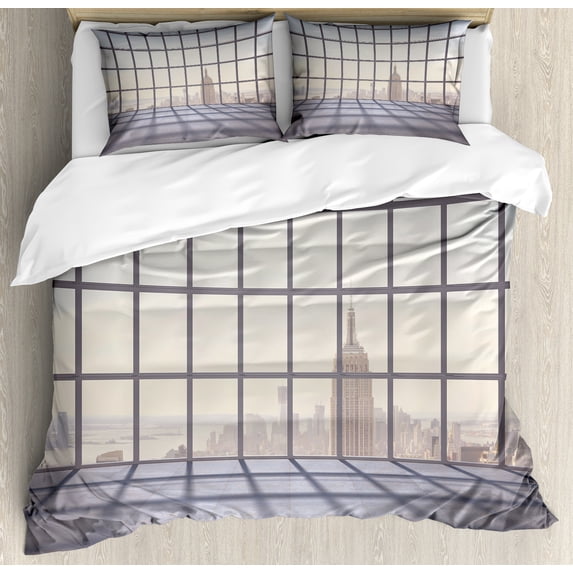 Modern Duvet Cover Set, Big Office Windows Lattice Square Lines Apartment Urban City Skyscapers Print, Decorative 3 Piece Bedding Set with 2 Pillow Shams, Calking Size, Pale Purple Beige, by Ambesonne