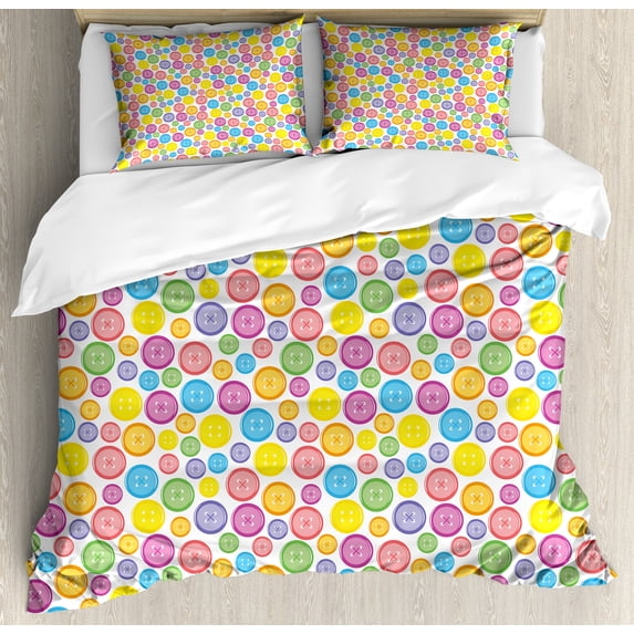 Modern Duvet Cover Set, Circular Shaped Buttons Pattern in Various Sizes Print, Decorative 3 Piece Bedding Set with 2 Pillow Shams, Queen Size, Multicolor, by Ambesonne