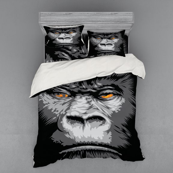 Modern Duvet Cover Set, Close up Gorilla Portrait with Orange Eyes Zoo Jungle Animal Wild Money Graphic, Bedding Set with Shams and Fitted Sheet, 3 Sizes, by Ambesonne
