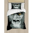 thumbnail image 1 of Modern Duvet Cover Set, Close up Gorilla Portrait with Orange Eyes Zoo Jungle Animal Wild Money Graphic, Decorative 2 Piece Bedding Set with 1 Pillow Shams, Twin Size, Grey Marigold, by Ambesonne, 1 of 3