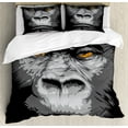 thumbnail image 1 of Modern Duvet Cover Set, Close up Gorilla Portrait with Orange Eyes Zoo Jungle Animal Wild Money Graphic, Decorative 3 Piece Bedding Set with 2 Pillow Shams, Queen Size, Grey Marigold, by Ambesonne, 1 of 3