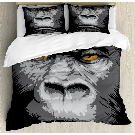 Modern Duvet Cover Set, Close up Gorilla Portrait with Orange Eyes Zoo Jungle Animal Wild Money Graphic, Decorative 3 Piece Bedding Set with 2 Pillow Shams, Queen Size, Grey Marigold, by Ambesonne