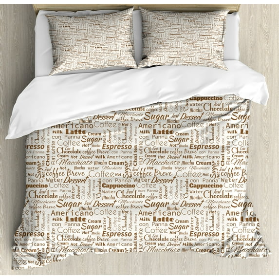 Modern Duvet Cover Set, Coffee Themed Words Macchiato Mocha Americano Breve Dessert Graphic, Decorative 3 Piece Bedding Set with 2 Pillow Shams, King Size, Umber and Cream, by Ambesonne