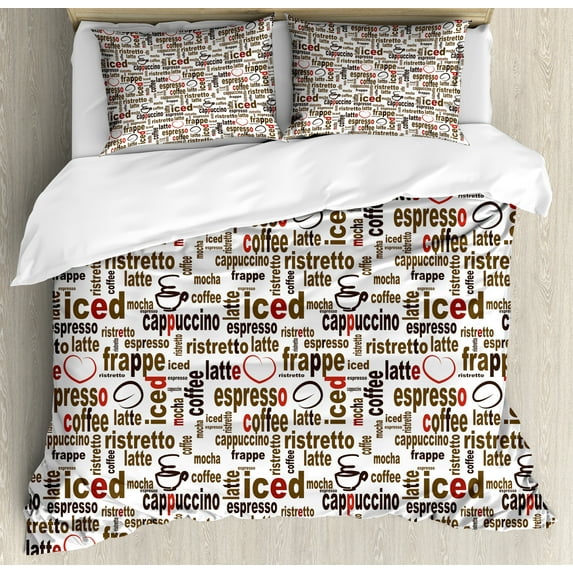 Modern Duvet Cover Set, Coffee Words Cafe Typography in Point Sizes Digital Illustration, Decorative 3 Piece Bedding Set with 2 Pillow Shams, King Size, Dark Brown Caramel, by Ambesonne