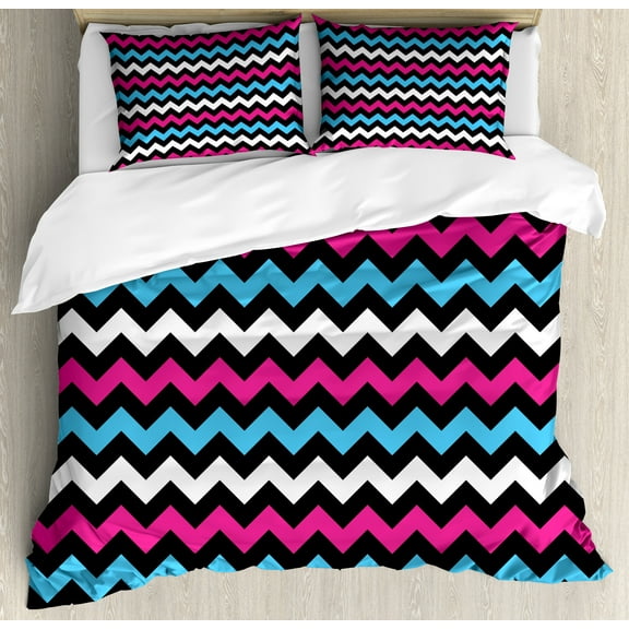 Modern Duvet Cover Set, Colorful Zigzag Twisty Bands Winding Abstract Chevron Tiles Geometric Print, Decorative 3 Piece Bedding Set with 2 Pillow Shams, Queen Size, Pink Sky Blue Black, by Ambesonne